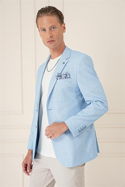 Comfort Fit Çift Yırtmaç Kırçıllı Keten Casual Mavi Ceket C 677