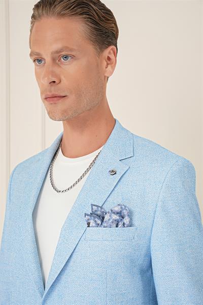 Comfort Fit Çift Yırtmaç Kırçıllı Keten Casual Mavi Ceket C 677