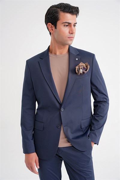 Comfort Fit Çift Yırtmaç Pamuk Karışım Dokulu Lacivert Blazer Ceket C 722