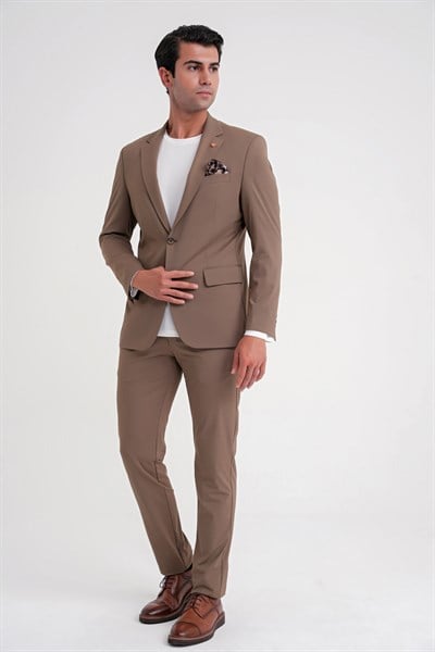 Comfort Fit Çift Yırtmaç Pamuk Karışım Dokulu Tütün Blazer Ceket C 722