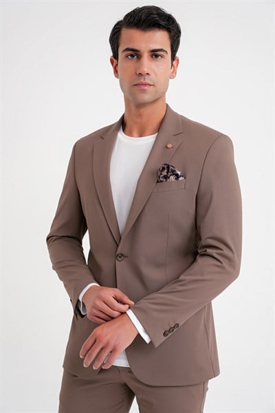 Comfort Fit Çift Yırtmaç Pamuk Karışım Dokulu Tütün Blazer Ceket C 722