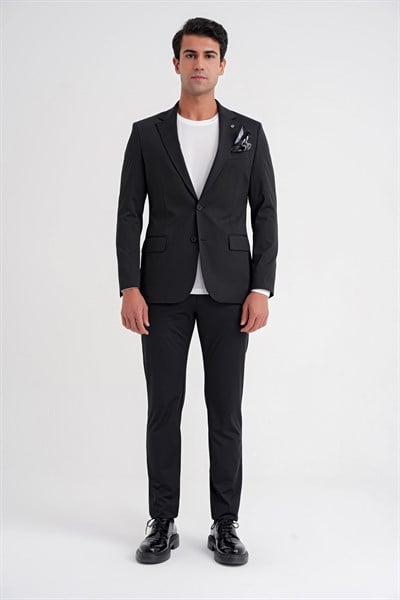 Comfort Fit Çift Yırtmaç Pamuk Karışım Dokulu Siyah Blazer Ceket C 722