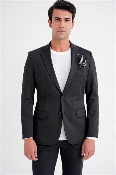 Comfort Fit Çift Yırtmaç Pamuk Karışım Dokulu Siyah Blazer Ceket C 722