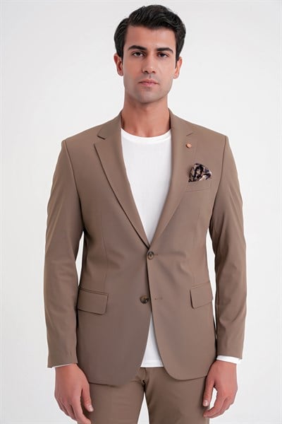 Comfort Fit Çift Yırtmaç Pamuk Karışım Dokulu Tütün Blazer Ceket C 722