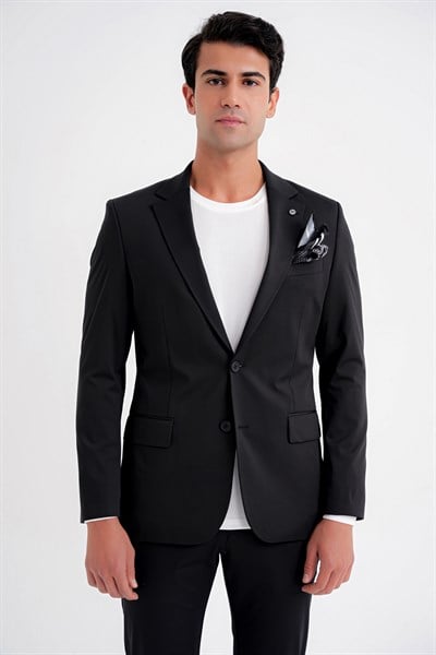 Comfort Fit Çift Yırtmaç Pamuk Karışım Dokulu Siyah Blazer Ceket C 722