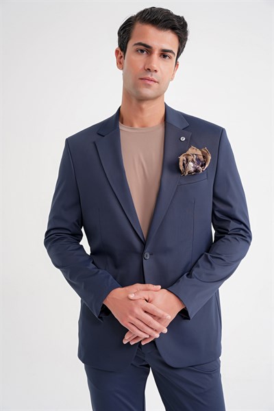 Comfort Fit Çift Yırtmaç Pamuk Karışım Dokulu Lacivert Blazer Ceket C 722
