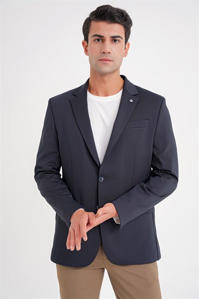 Comfort Fit Çift Yırtmaç Spandex Karışım Esnek Pamuklu Lacivert Ceket C 727