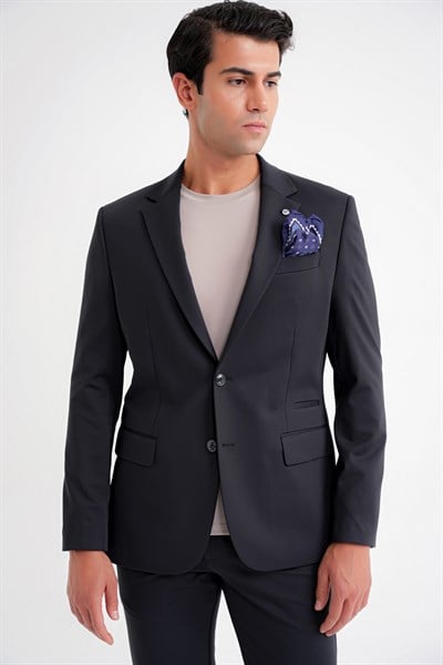 Comfort Fit Çift Yırtmaç Spandex Karışım Esnek Pamuklu Siyah Ceket C 727
