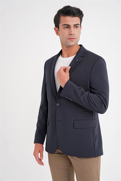 Comfort Fit Çift Yırtmaç Spandex Karışım Esnek Pamuklu Lacivert Ceket C 727