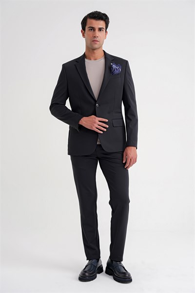 Comfort Fit Çift Yırtmaç Spandex Karışım Esnek Pamuklu Siyah Ceket C 727