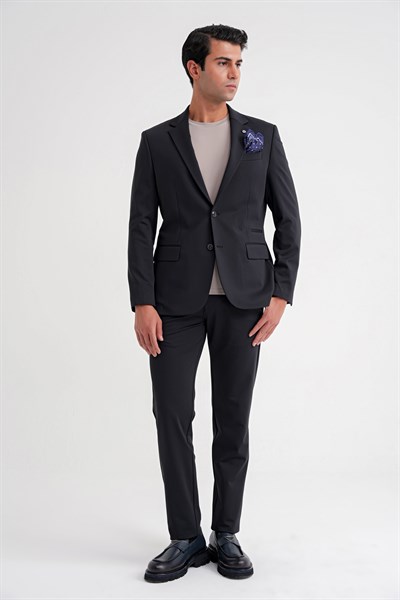 Comfort Fit Çift Yırtmaç Spandex Karışım Esnek Pamuklu Siyah Ceket C 727