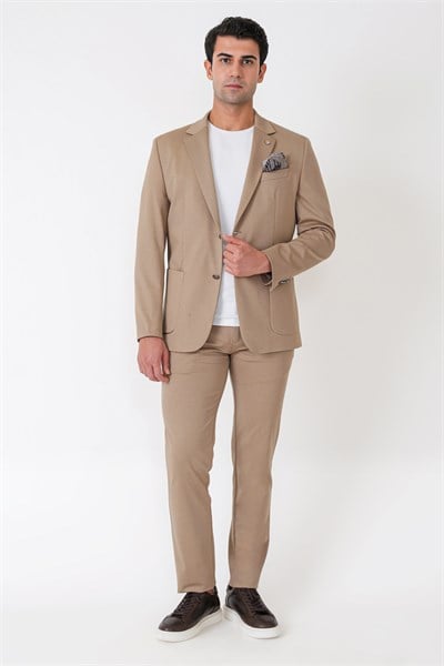 Comfort Fit Çift Yırtmaç Torba Cep Metal Düğmeli Koyu Bej Blazer Ceket C 734