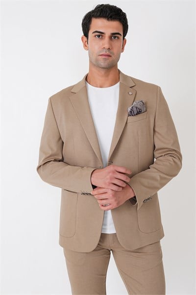 Comfort Fit Çift Yırtmaç Torba Cep Metal Düğmeli Koyu Bej Blazer Ceket C 734