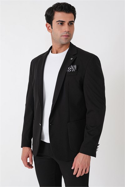 Comfort Fit Çift Yırtmaç Torba Cep Metal Düğmeli Siyah-1 Blazer Ceket C 734