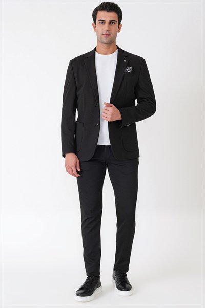 Comfort Fit Çift Yırtmaç Torba Cep Metal Düğmeli Siyah-1 Blazer Ceket C 734