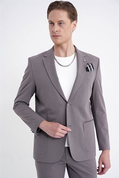 Comfort Fit Çift Yırtmaç Torba Cep Metal Düğmeli Vizon Blazer Ceket C 734