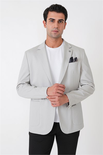 Comfort Fit Çift Yırtmaç Torba Cep Metal Düğmeli Gri Blazer Ceket C 734