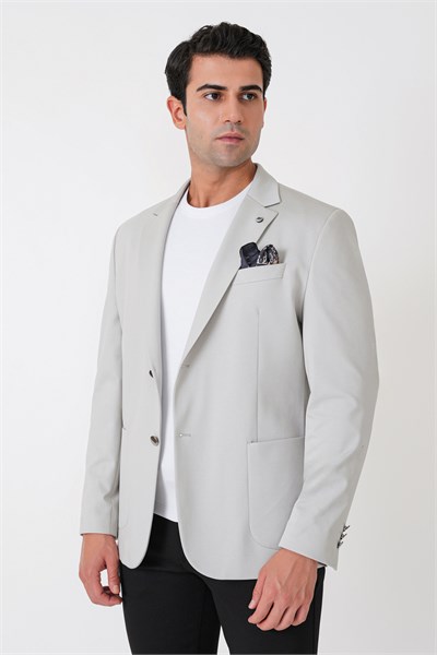 Comfort Fit Çift Yırtmaç Torba Cep Metal Düğmeli Gri Blazer Ceket C 734