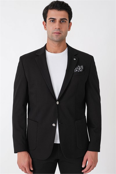 Comfort Fit Çift Yırtmaç Torba Cep Metal Düğmeli Siyah-1 Blazer Ceket C 734