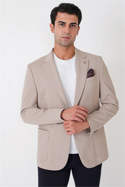 Comfort Fit Çift Yırtmaç Torba Cep Metal Düğmeli Bej Blazer Ceket C 734