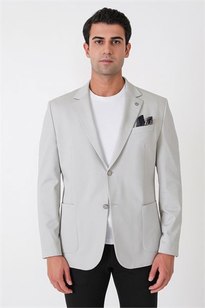 Comfort Fit Çift Yırtmaç Torba Cep Metal Düğmeli Gri Blazer Ceket C 734