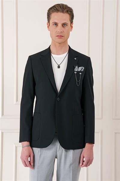 Comfort Fit Çift Yırtmaç Torba Cep Pamuk Casual Siyah Ceket C 667