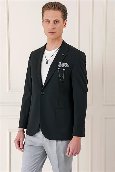 Comfort Fit Çift Yırtmaç Torba Cep Pamuk Casual Siyah Ceket C 667