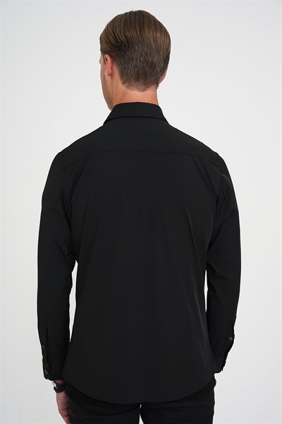 Comfort Fit Çıt Çıtlı Yandan Cepli Esnek Siyah Gömlek Ceket G 1591