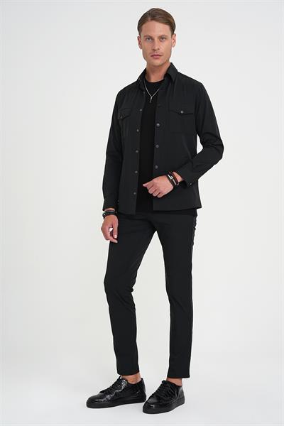 Comfort Fit Çıt Çıtlı Yandan Cepli Esnek Siyah Gömlek Ceket G 1591