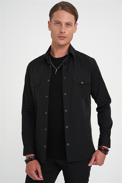Comfort Fit Çıt Çıtlı Yandan Cepli Esnek Siyah Gömlek Ceket G 1591