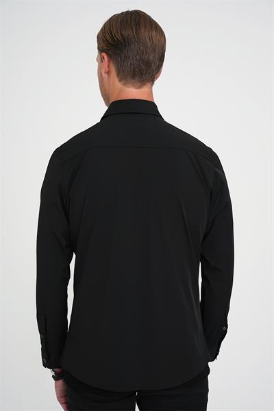 Comfort Fit Çıt Çıtlı Yandan Cepli Esnek Siyah Gömlek Ceket G 1591