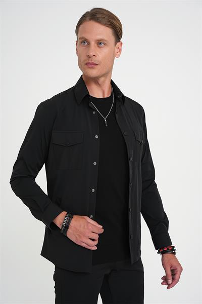 Comfort Fit Çıt Çıtlı Yandan Cepli Esnek Siyah Gömlek Ceket G 1591