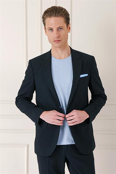 Comfort Fit Çizgili Esnek Pamuk Casual Siyah Ceket C 673