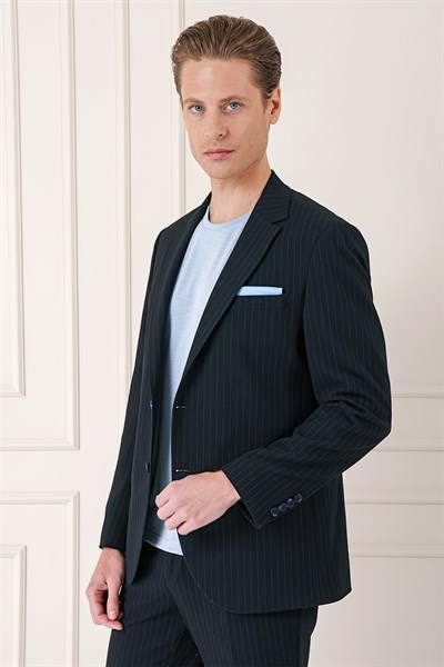Comfort Fit Çizgili Esnek Pamuk Casual Siyah Ceket C 673