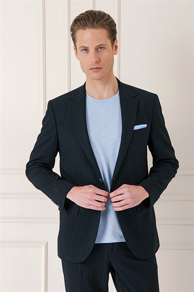 Comfort Fit Çizgili Esnek Pamuk Casual Siyah Ceket C 673