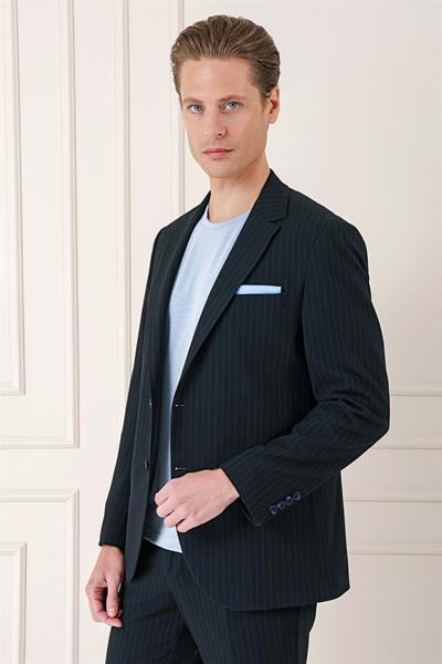 Comfort Fit Çizgili Esnek Pamuk Casual Siyah Ceket C 673