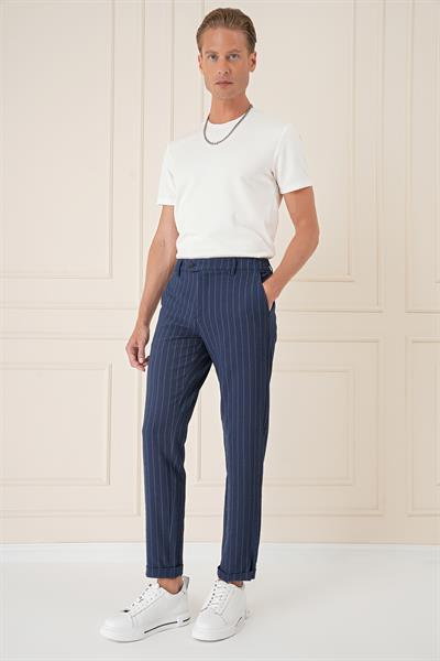 Comfort Fit Çizgili Gofre Kumaş Esnek Lacivert Pamuk Pantolon P 1157