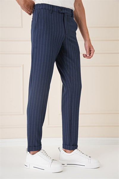 Comfort Fit Çizgili Gofre Kumaş Esnek Lacivert Pamuk Pantolon P 1157