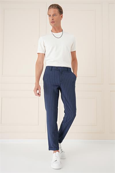 Comfort Fit Çizgili Gofre Kumaş Esnek Lacivert Pamuk Pantolon P 1157