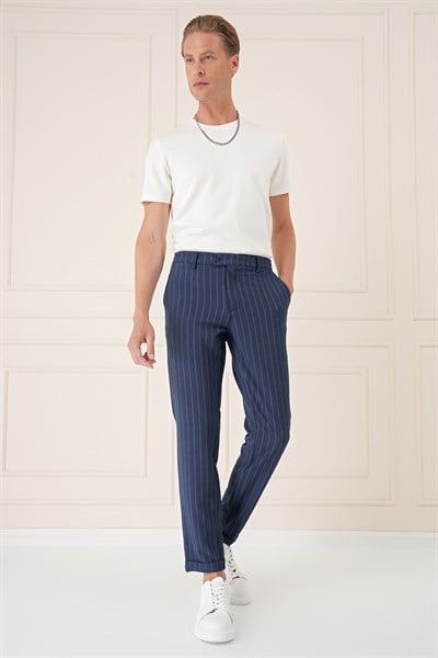 Comfort Fit Çizgili Gofre Kumaş Esnek Lacivert Pamuk Pantolon P 1157