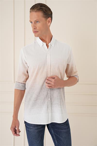 Comfort Fit Degrade Desen Apoletli %100 Keten Bej Gömlek G 1572
