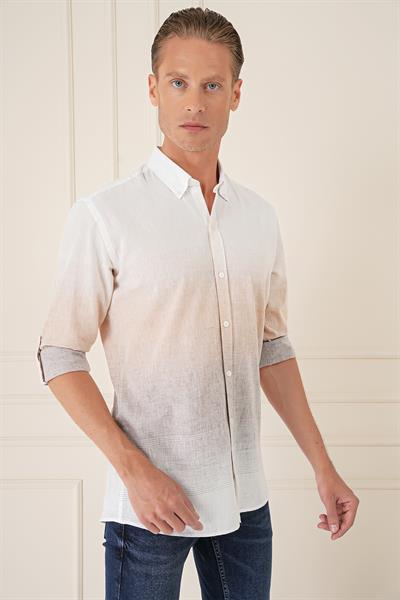 Comfort Fit Degrade Desen Apoletli %100 Keten Bej Gömlek G 1572
