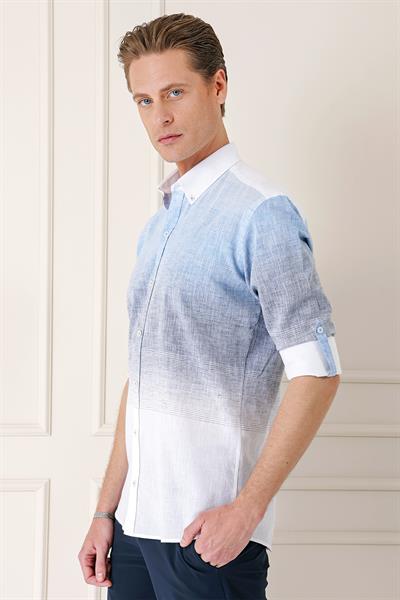 Comfort Fit Degrade Desen Apoletli %100 Keten Mavi Gömlek G 1572