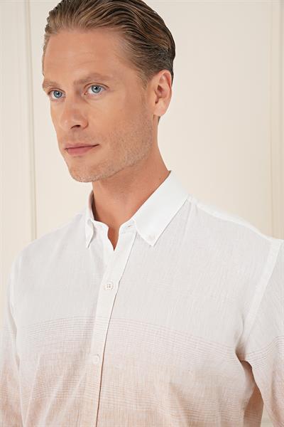 Comfort Fit Degrade Desen Apoletli %100 Keten Bej Gömlek G 1572