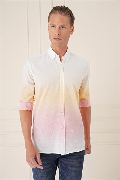 Comfort Fit Degrade Desen Apoletli %100 Keten Pembe Gömlek G 1572
