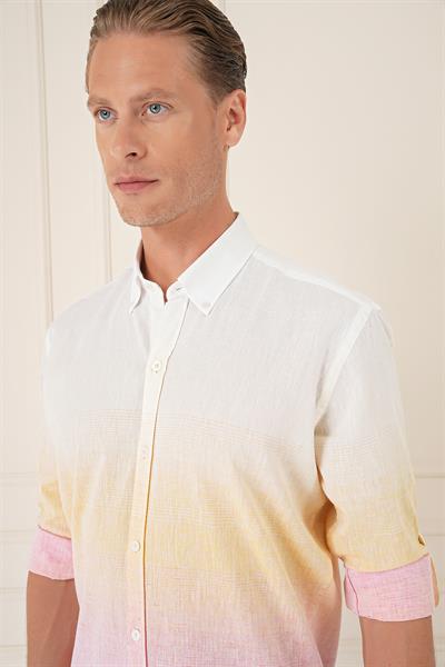 Comfort Fit Degrade Desen Apoletli %100 Keten Pembe Gömlek G 1572