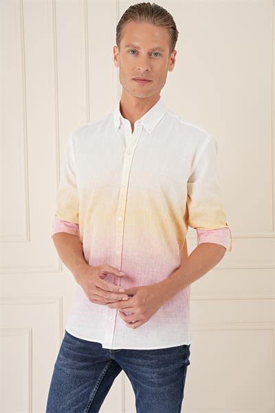 Comfort Fit Degrade Desen Apoletli %100 Keten Pembe Gömlek G 1572