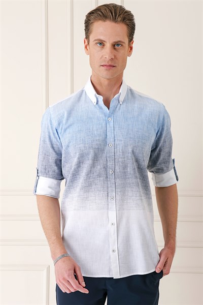 Comfort Fit Degrade Desen Apoletli %100 Keten Mavi Gömlek G 1572
