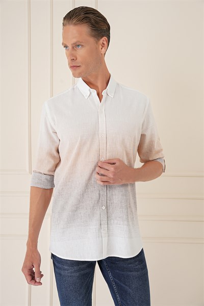 Comfort Fit Degrade Desen Apoletli %100 Keten Bej Gömlek G 1572
