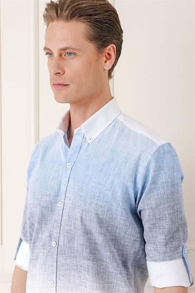 Comfort Fit Degrade Desen Apoletli %100 Keten Mavi Gömlek G 1572